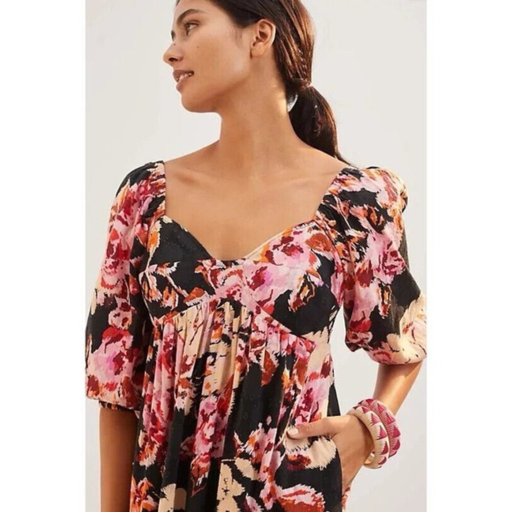 ANTHROPOLOGIE cotton 1X puff sleeve maxi dress stretchy bust NWT floral w/black